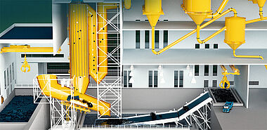 Blick in das Müllheizkraftwerk. Ein Förderband transportiert den Müll innerhalb der Anlage.