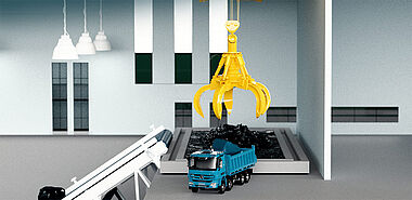 Muldenkipper transportiert die Schlacke  aus dem Müllheizkraftwerk ab.